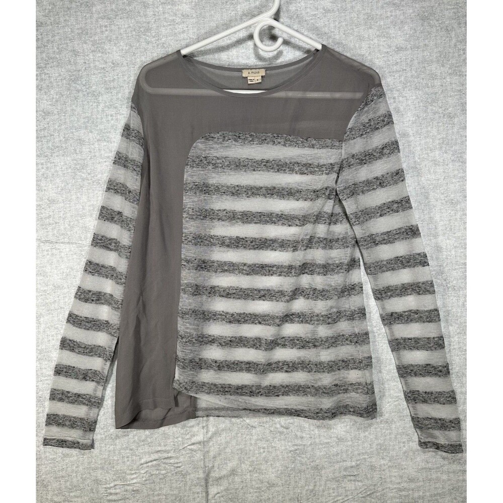 A. moss Silk Contrast Sheer Gray Blouse Sz Small Womens Striped Top